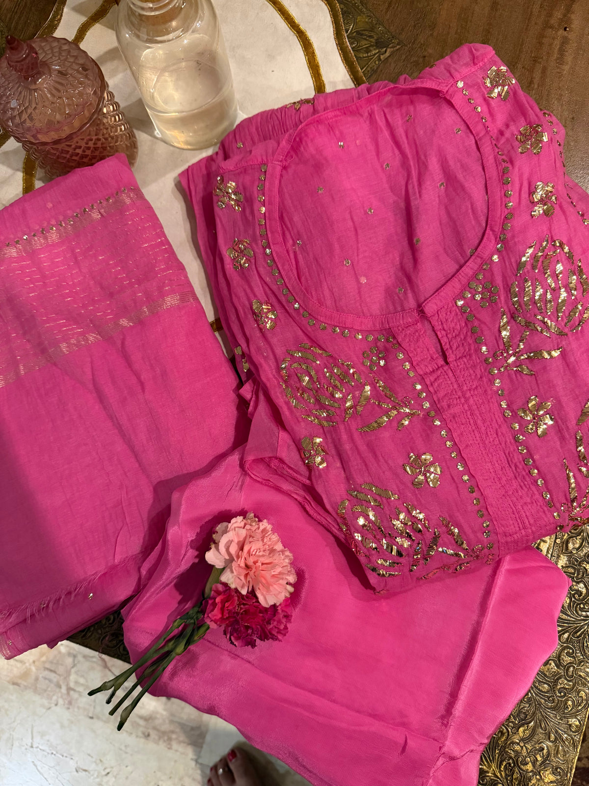 Fuscia Pitta Lucknowi Kurta Set