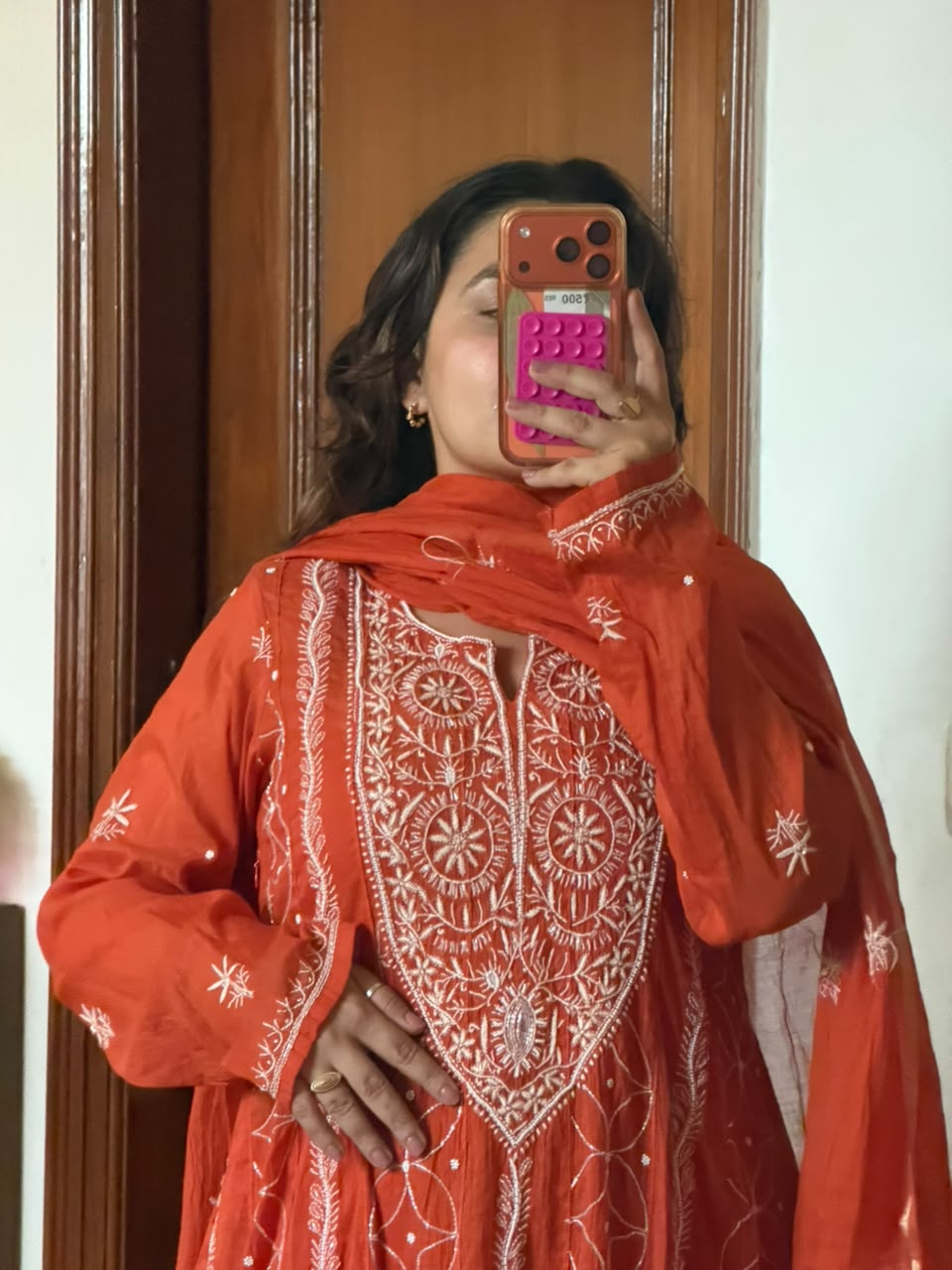 Lucknowi Orange Chikankari Set