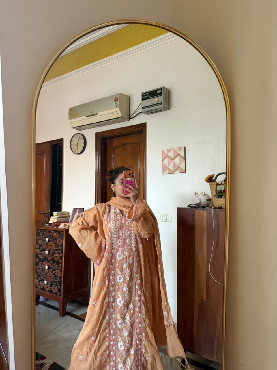 Kashmiri Peach Chikankari Mul Chanderi Suit Set