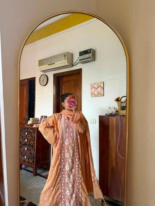 Kashmiri Peach Chikankari Mul Chanderi Suit Set