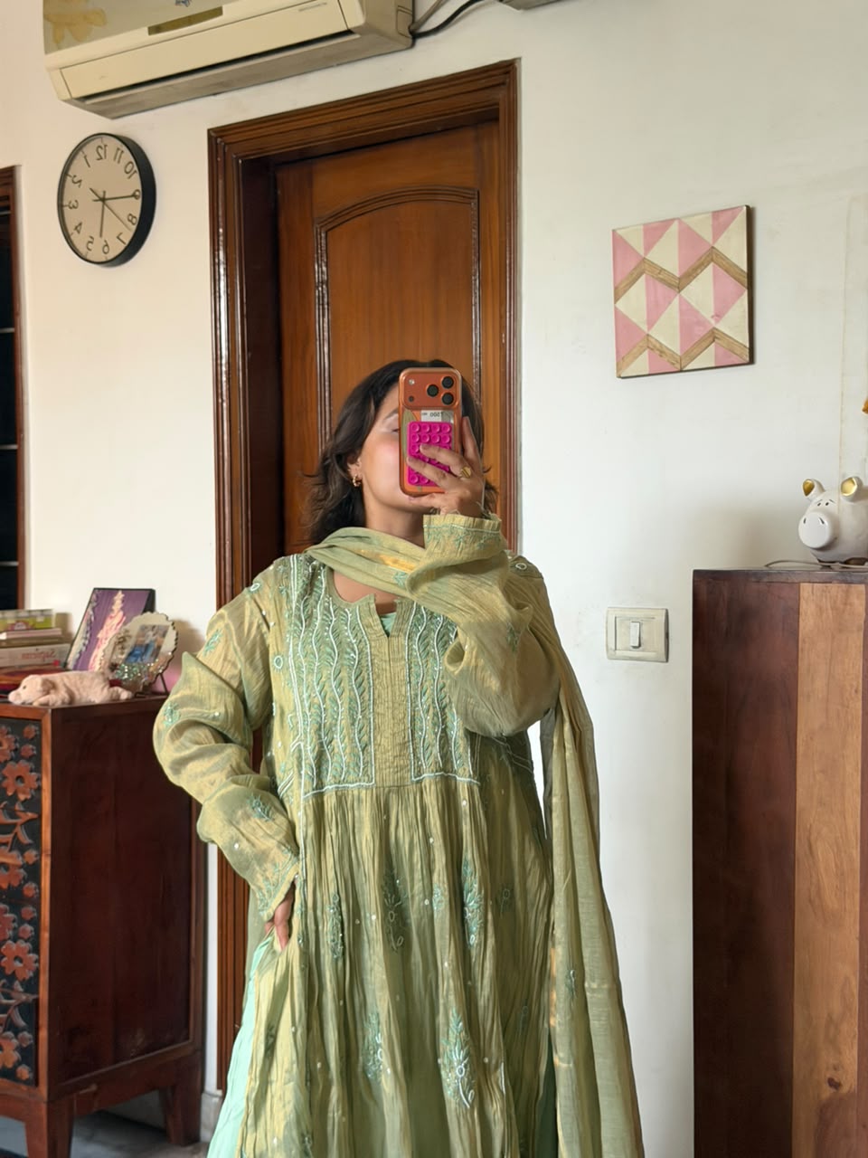 Peshawari Pista Chikankari Mul Chanderi Suit Set