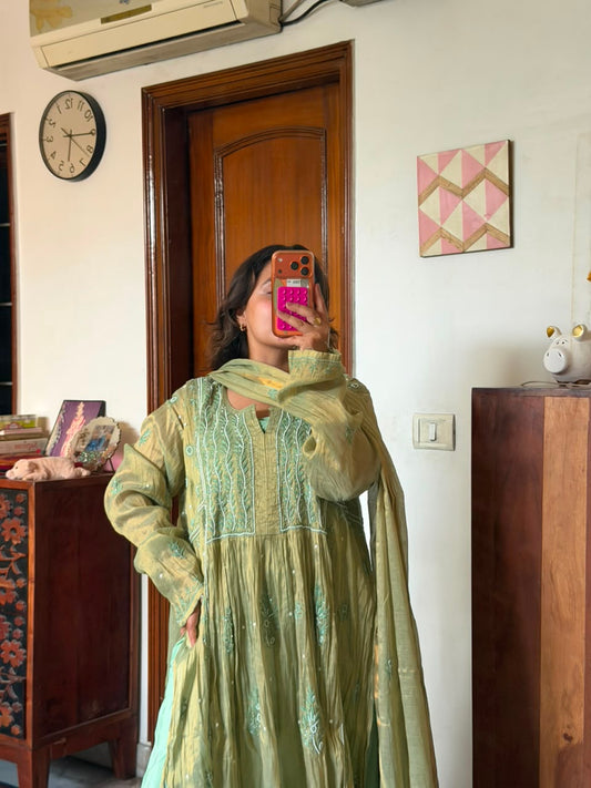 Peshawari Pista Chikankari Mul Chanderi Suit Set