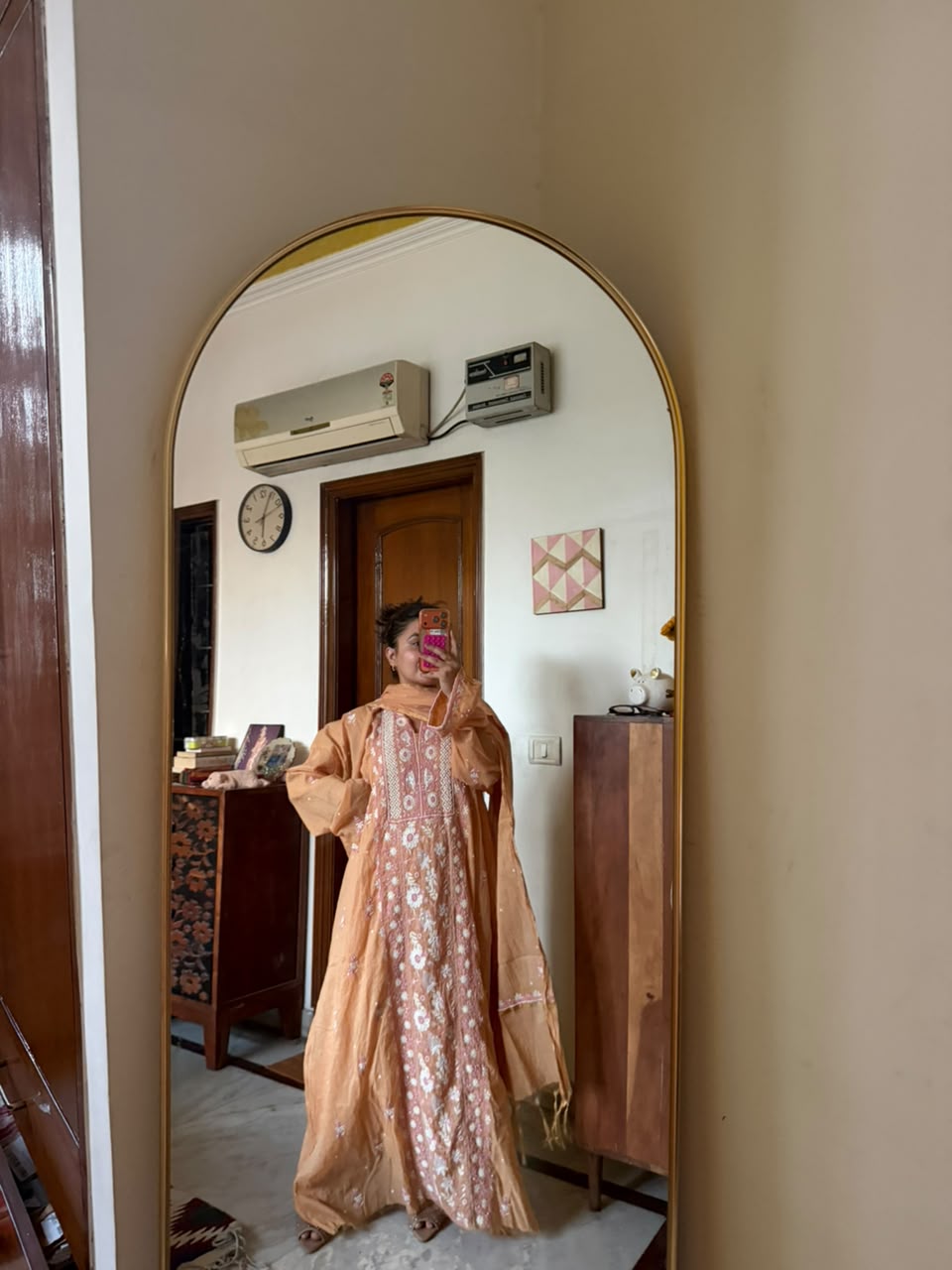 Kashmiri Peach Chikankari Mul Chanderi Suit Set