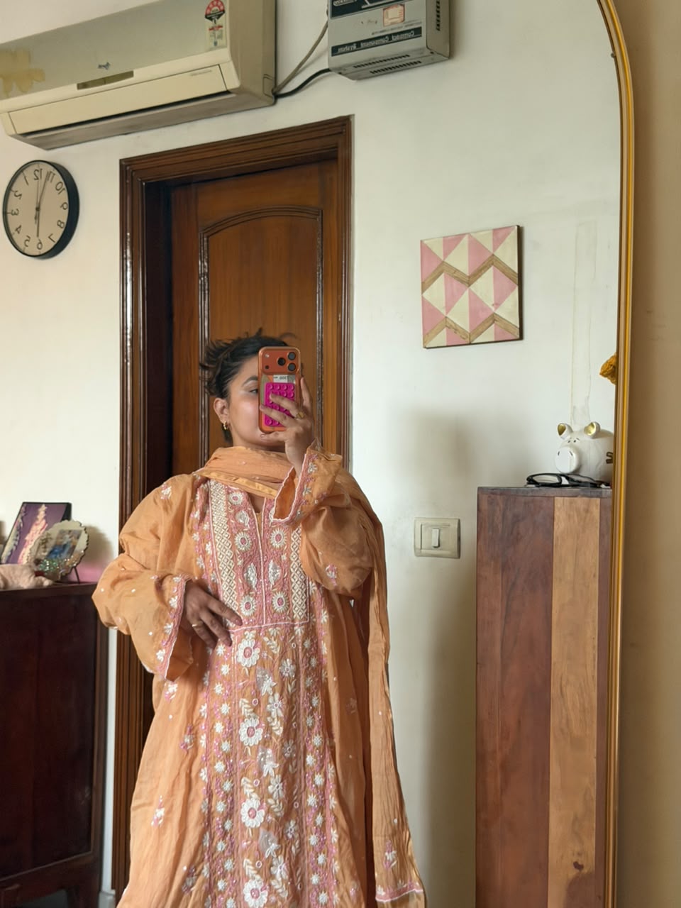 Kashmiri Peach Chikankari Mul Chanderi Suit Set