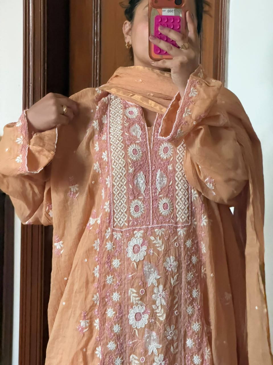 Kashmiri Peach Chikankari Mul Chanderi Suit Set