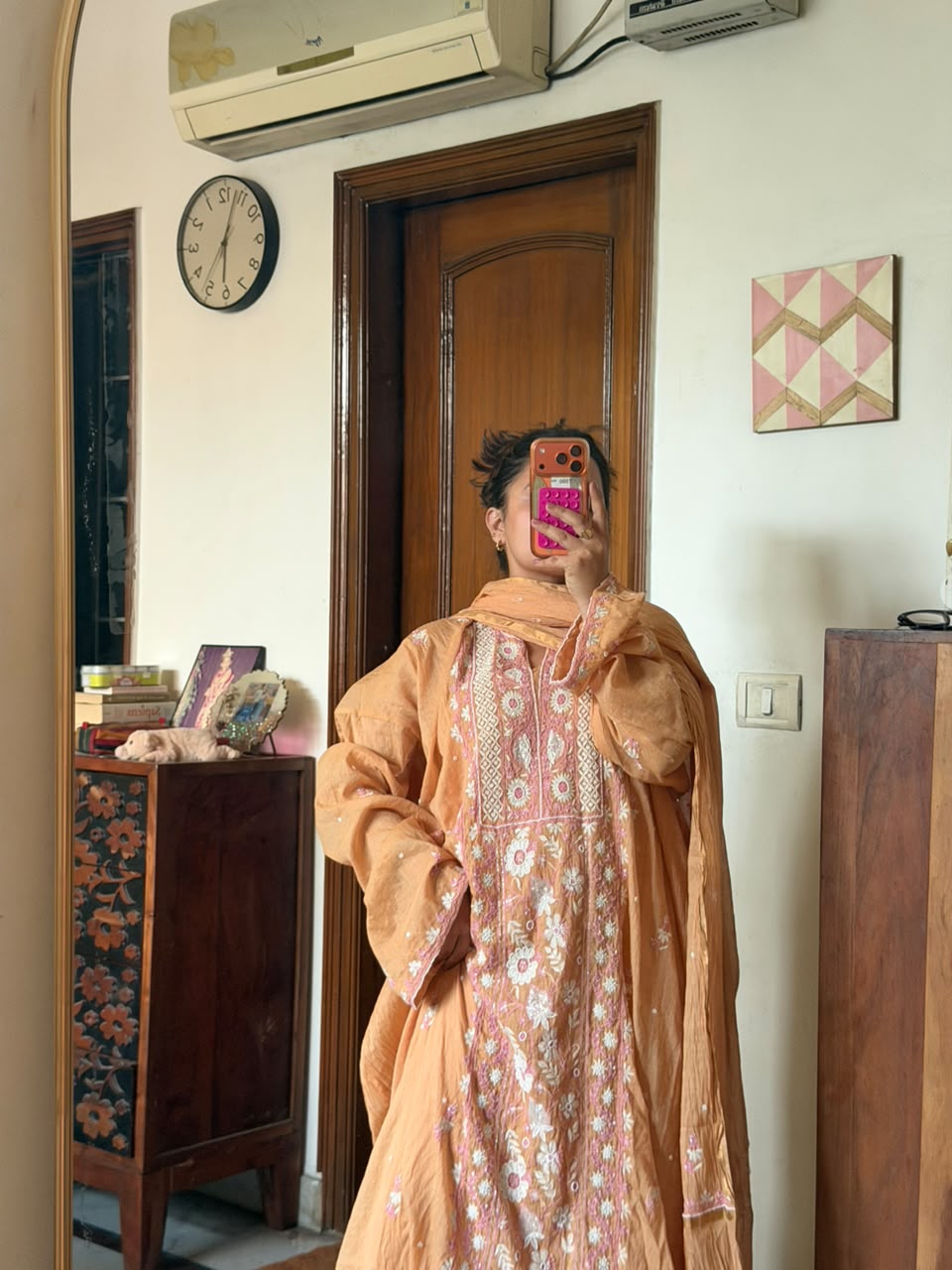 Kashmiri Peach Chikankari Mul Chanderi Suit Set