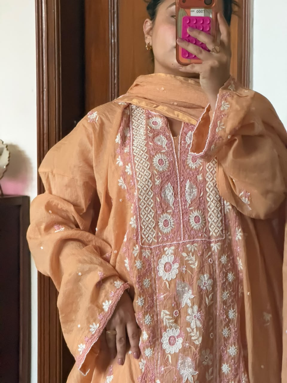 Kashmiri Peach Chikankari Mul Chanderi Suit Set