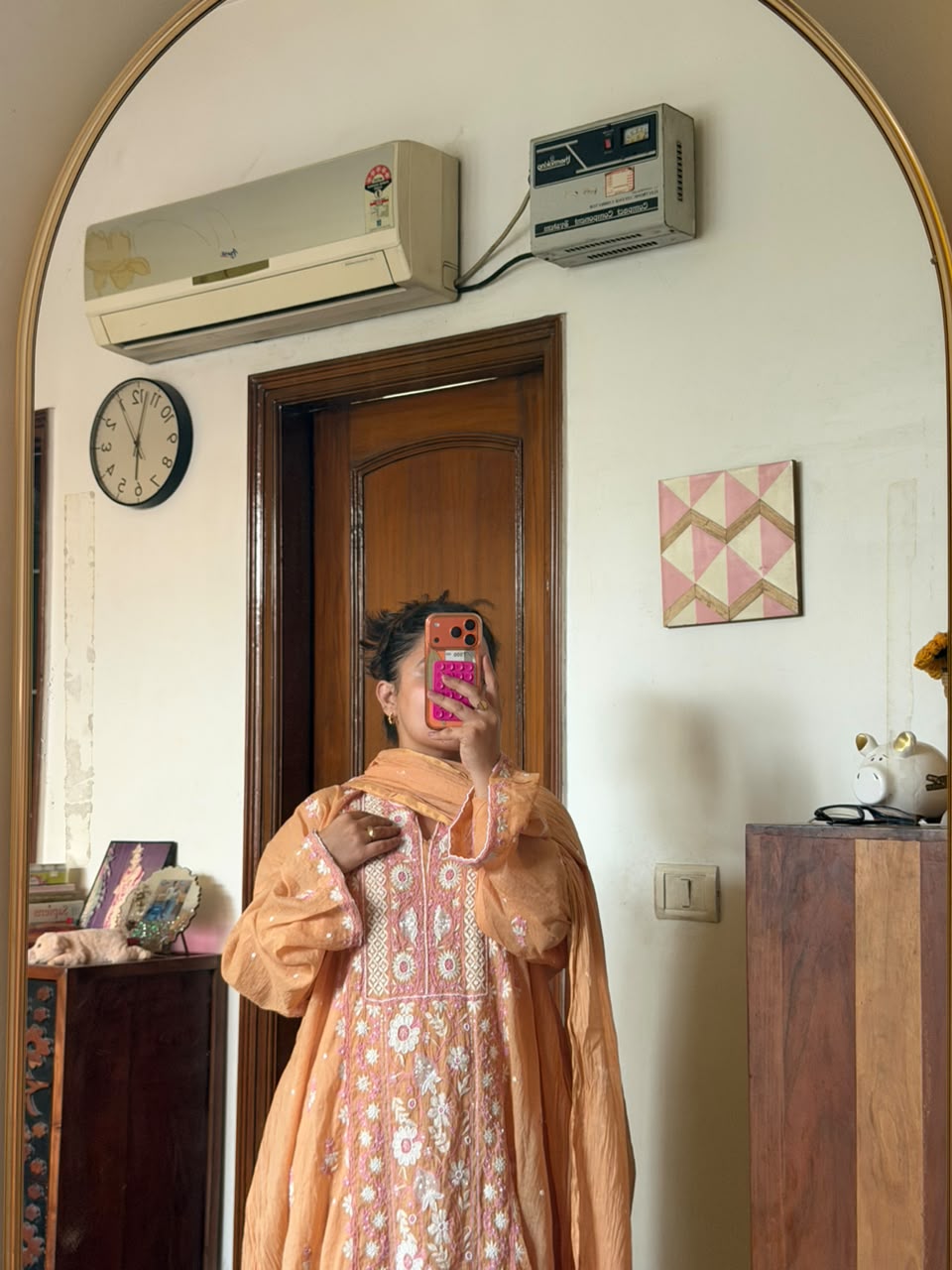 Kashmiri Peach Chikankari Mul Chanderi Suit Set